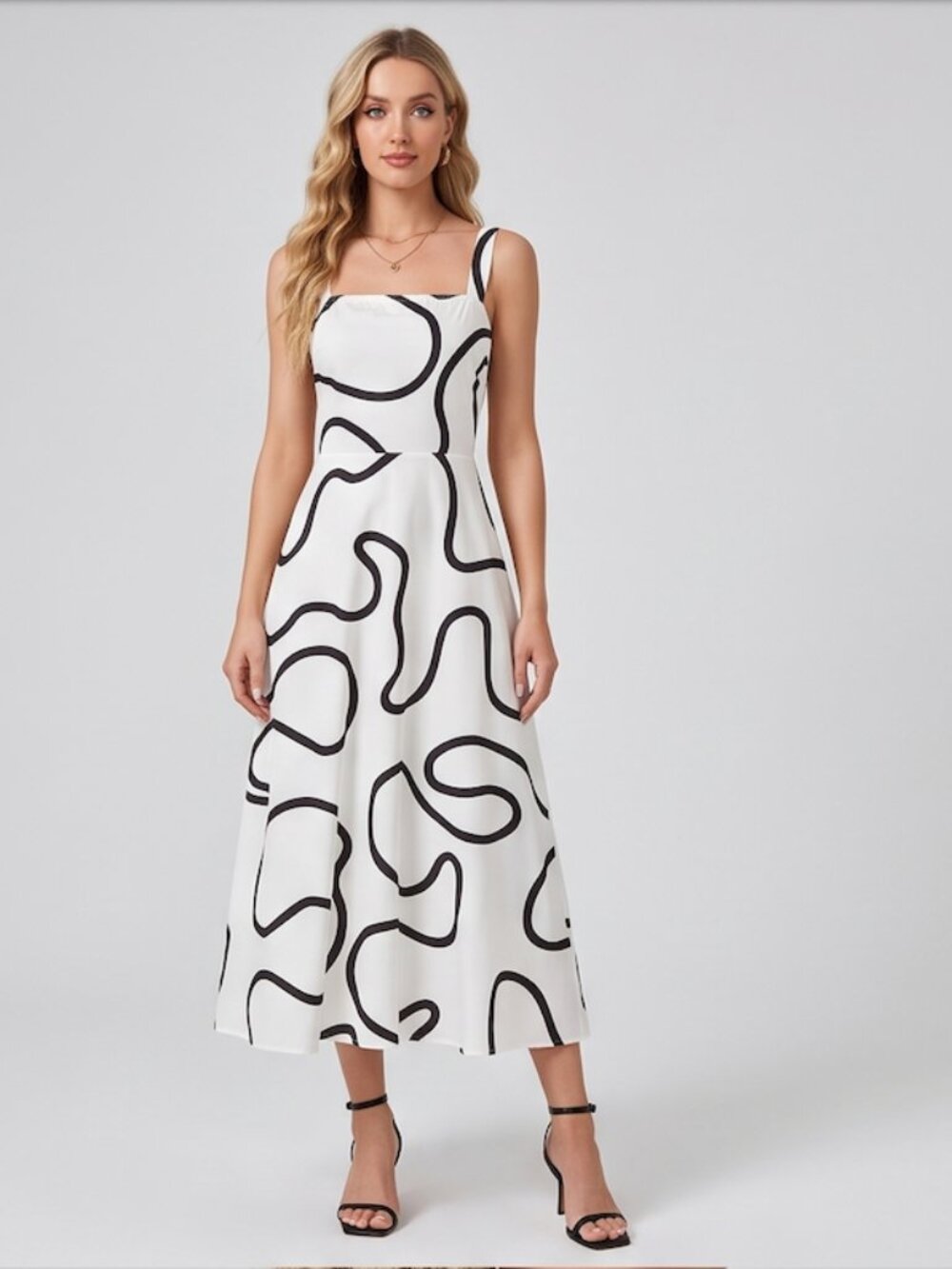 Abstract Line Art Midi Dress – A-Line Summer Dress White
